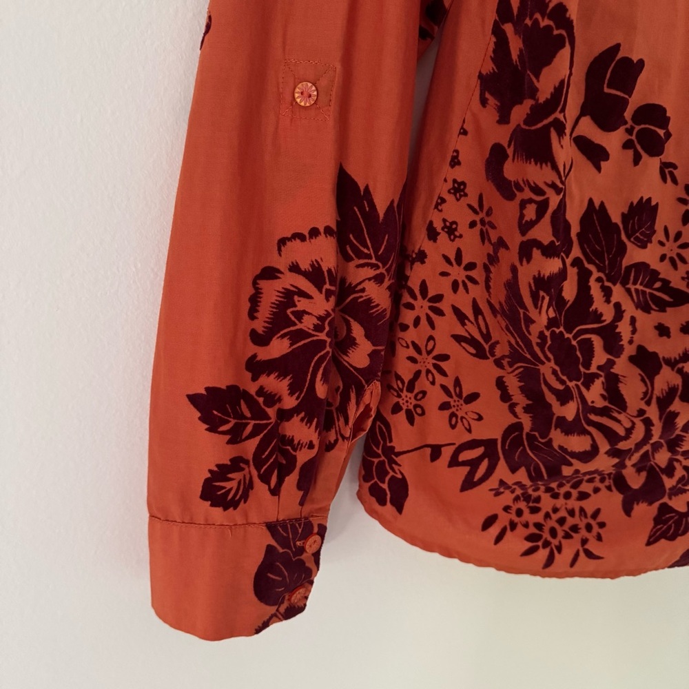 Sundance Velvet Vignette Long Sleeve Button Shirt, Orange w/Burgundy Floral, S - Picture 12 of 13